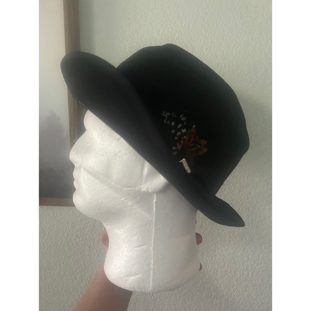 Stacy Adams Black Wool Felt Fedora Hat with Feather and Pin Detail Mens Womens
